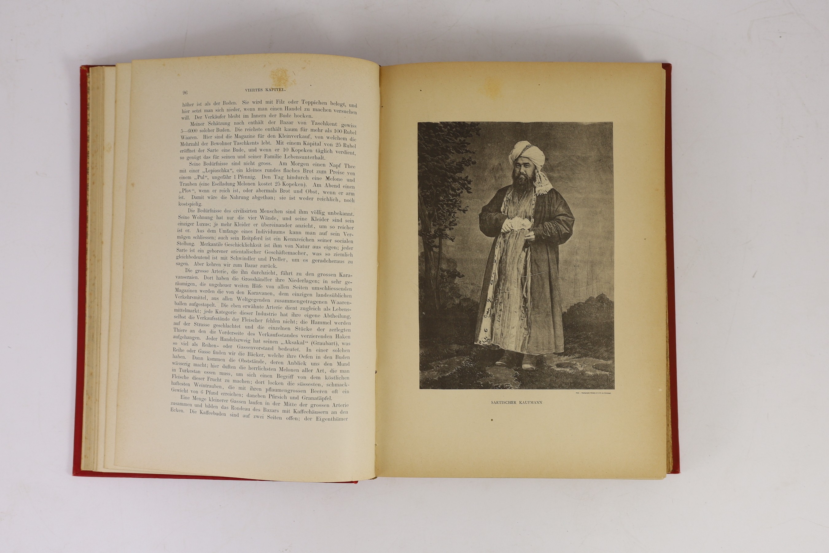 Moser, Heinrich, the Younger - Durch Central-Asian, 4to, pictorial cloth, with portrait frontis and 16 plates, a large folding map at rear, with a tear, F.A. Brockhaus, Leipzig, 1888